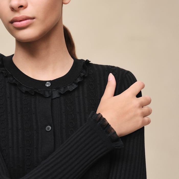 Noir Long-sleeve Cardigan With Ruffled Details