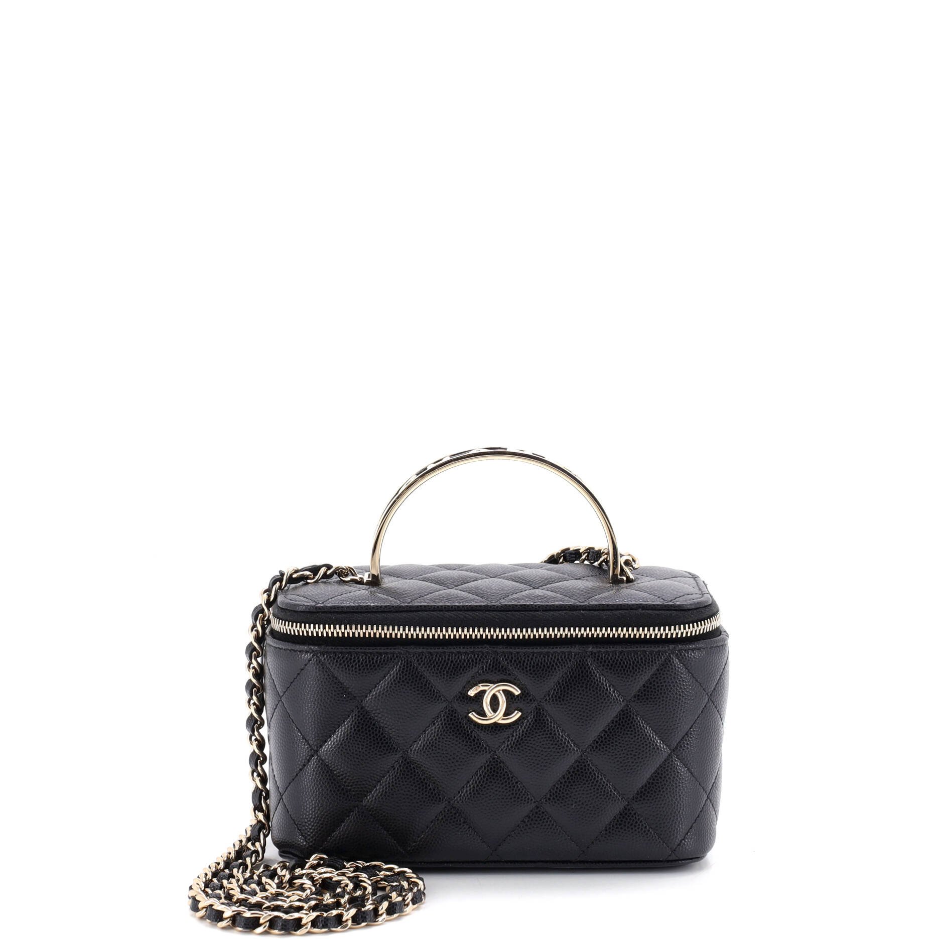 Enamel Logo CC Top Handle Vanity Case with Chain Quilted Caviar Small