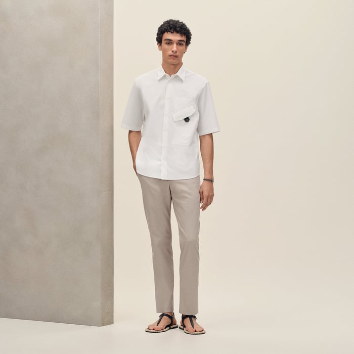 Blanc Short-sleeve Straight Cut Shirt With Leather Detail