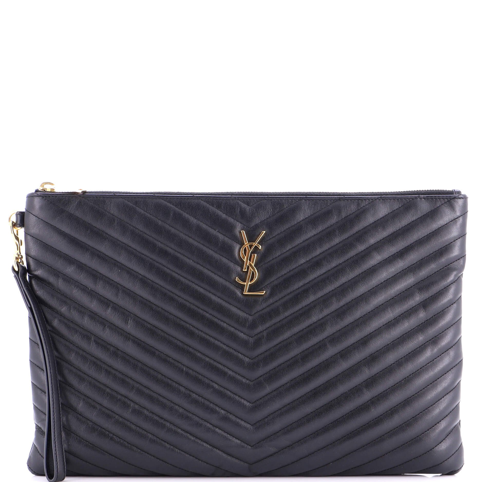 Saint Laurent Classic Monogram Wristlet Pouch Matelasse Chevron Leather Large