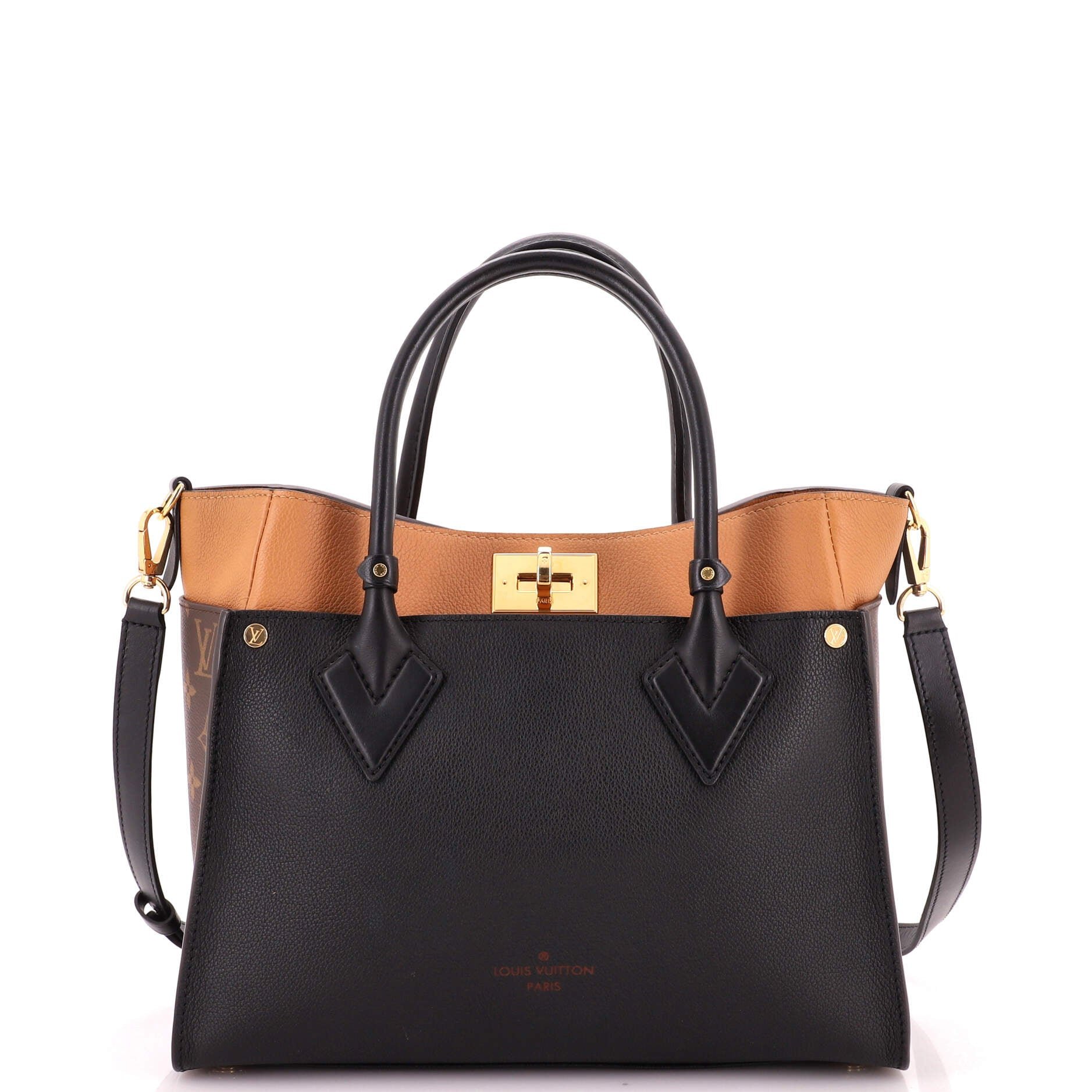 On My Side Tote Leather with Monogram Canvas MM