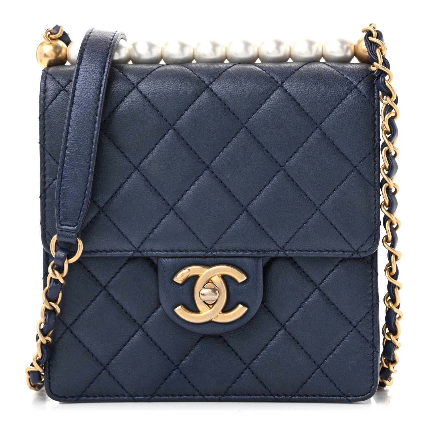 Chanel Iridescent Lambskin Quilted Chic Pearls Flap Navy Blue