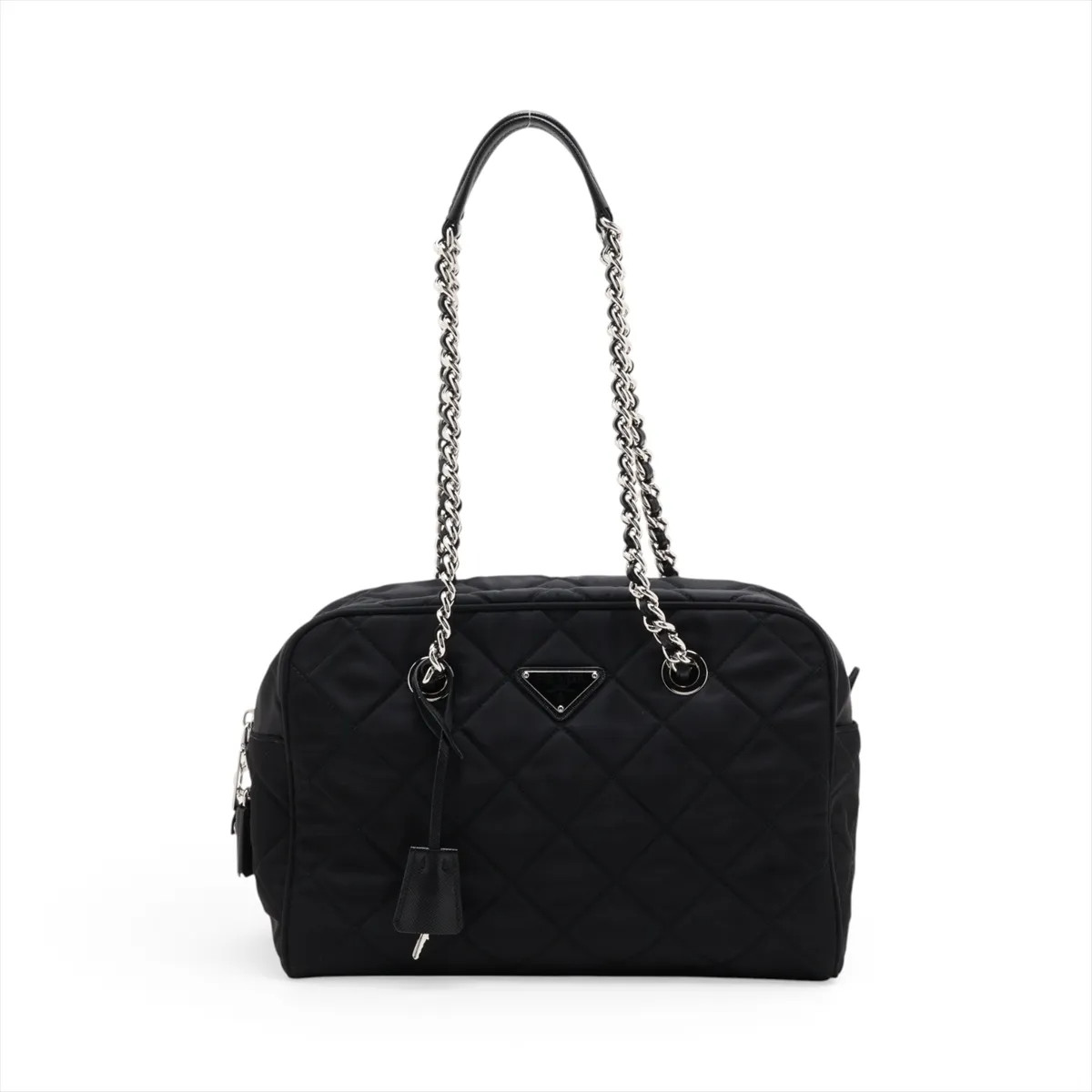 Prada Tessuto Impuntu 1BB903 Nylon & Leather Chain Shoulder Bag Black