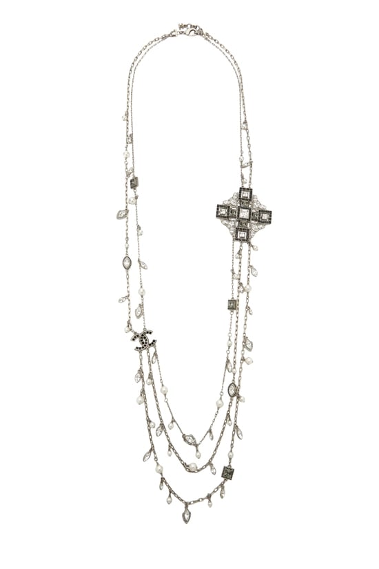 Silver Crystal Faux Pearl Cross Necklace