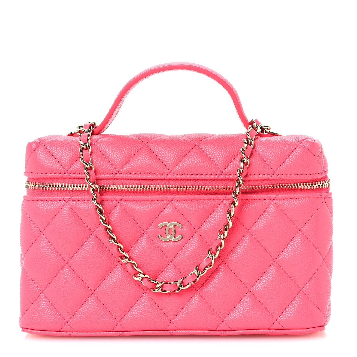 Chanel Caviar Quilted Top Handle Slim Vanity With Chain Fuchsia