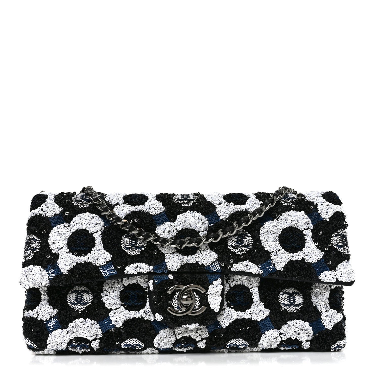 Chanel Satin Sequin Embellished Flower East West Flap Black White Blue