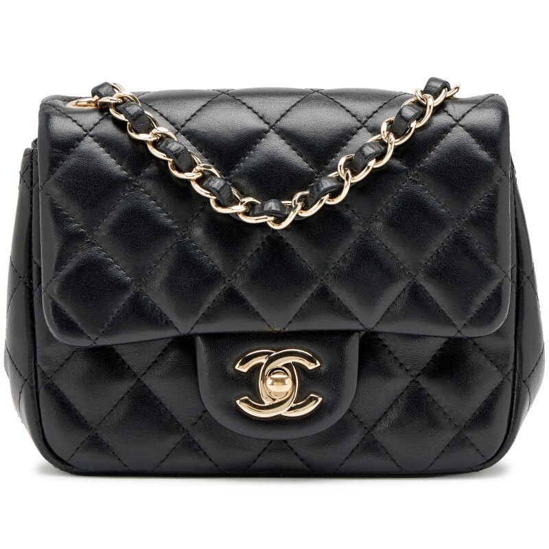 Black Quilted Lambskin Mini Square Classic Single Flap Bag Light Gold Hardware, 2015