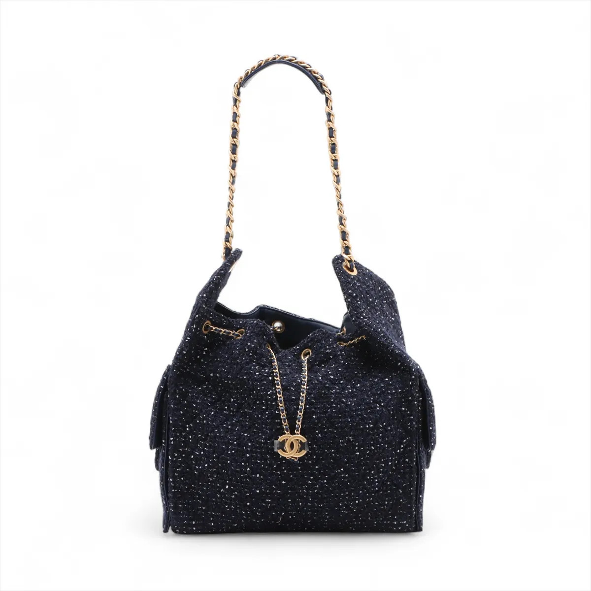 Chanel Chanel 25 Medium Tweed Chain Shoulder Bag Navy Blue Gold Metal Fittings r