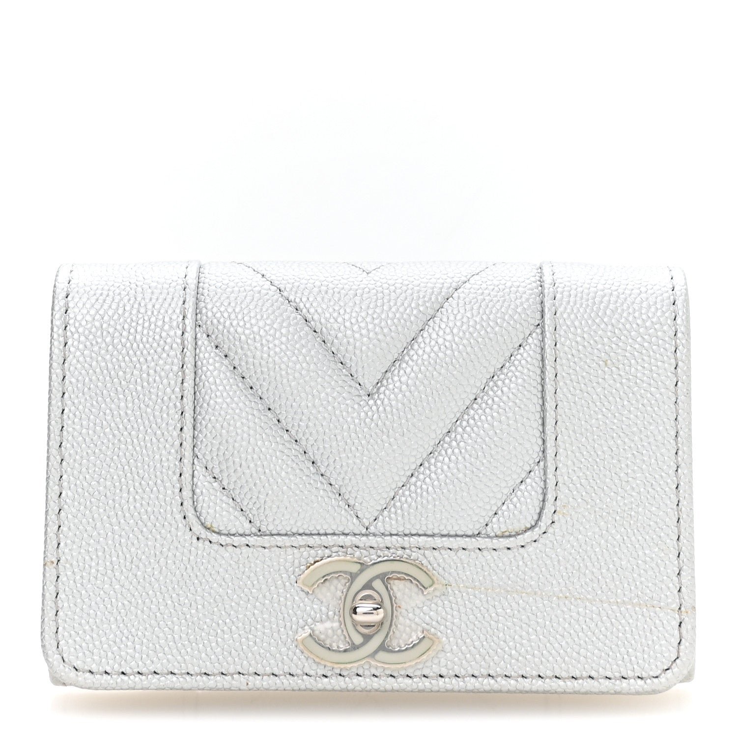 Chanel Metallic Caviar Chevron Quilted Vintage Mademoiselle Flap Card Holder Silver