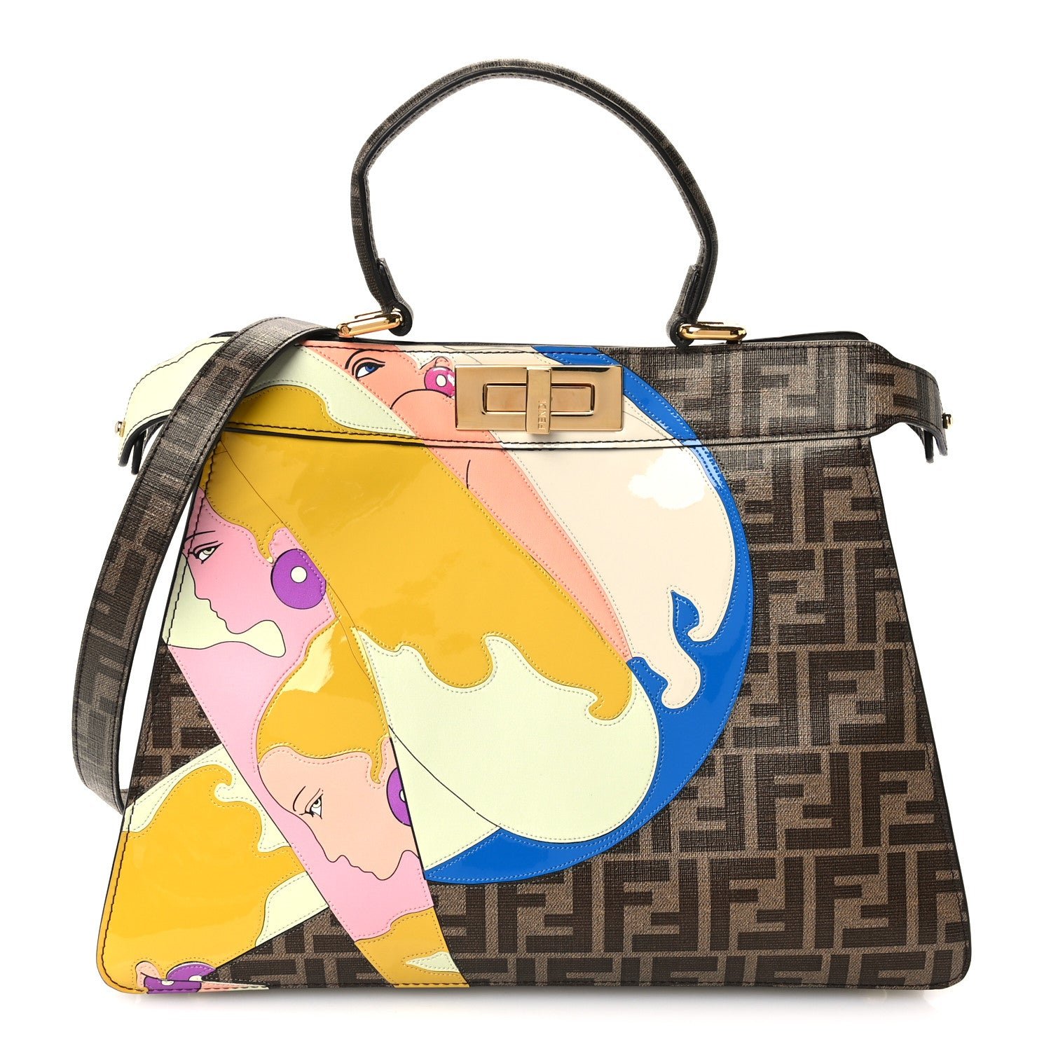 Fendi Glazed Fabric Vitello FF 1974 Hairdo Girls Inlay Medium Peekaboo Iconic Satchel Mogano Panna Multicolor