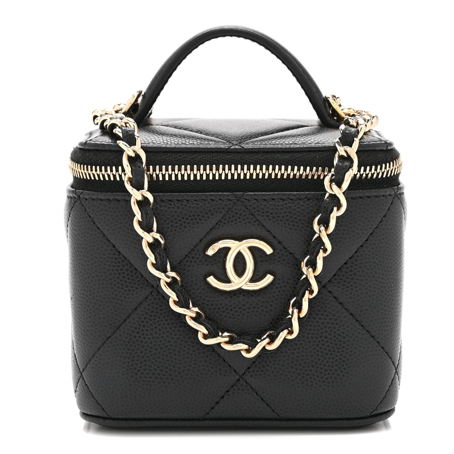 Chanel Caviar Quilted Top Handle Mini Vanity Case With Chain Black