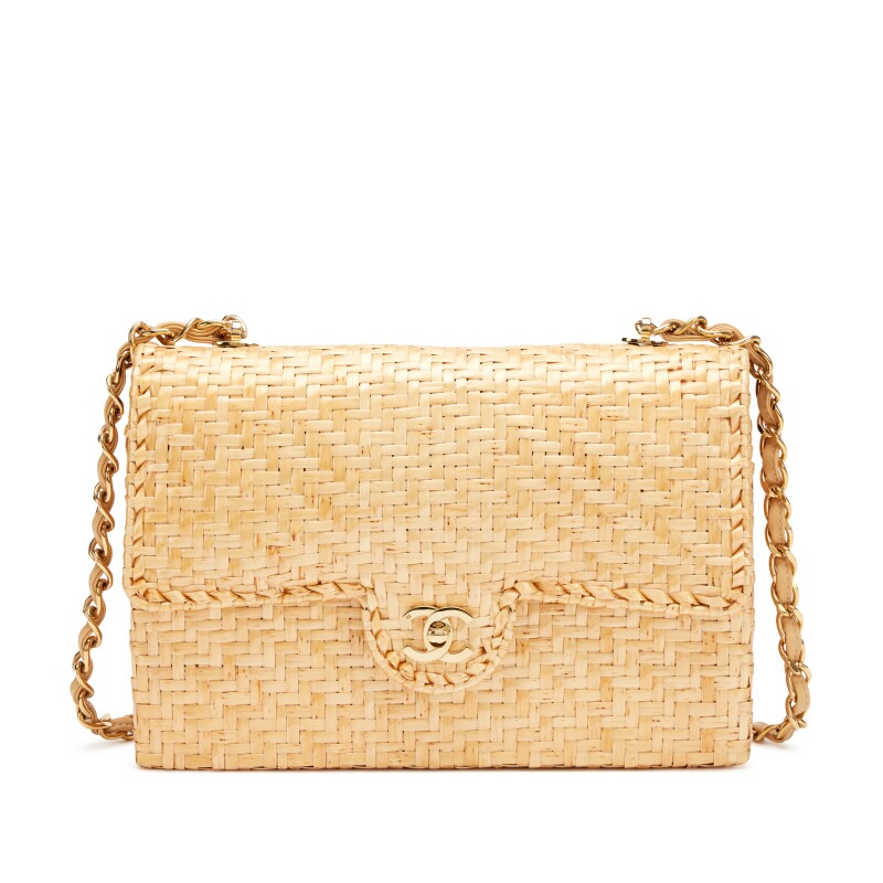 Vintage Natural Beige Rattan Wicker Medium Flap Bag Gold Hardware, 2000-2002