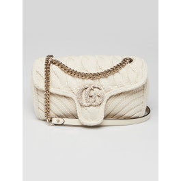 Gucci White Knitted Wool Crystal Marmont Small Flap Bag