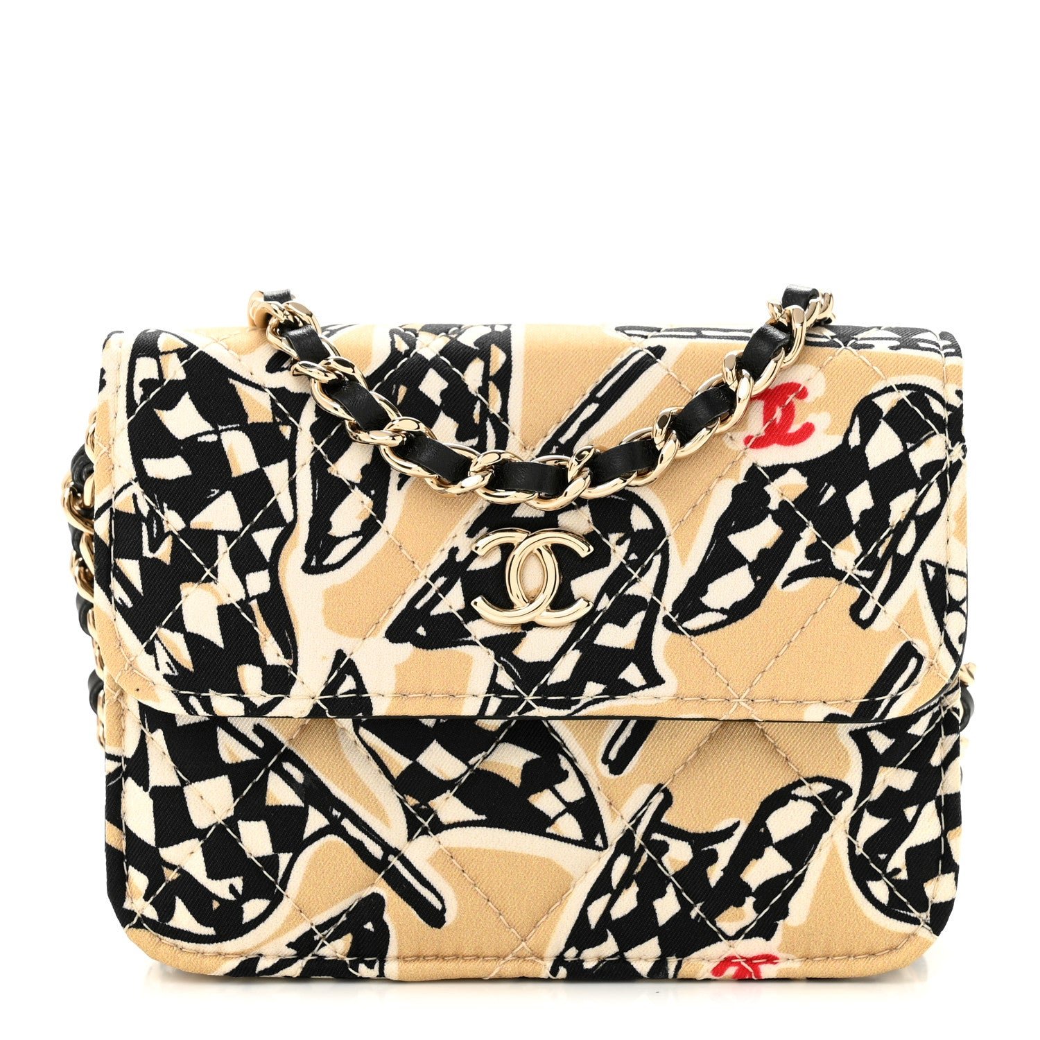 Chanel Canvas Check Flag Printed CC Clutch With Chain Beige Multicolor