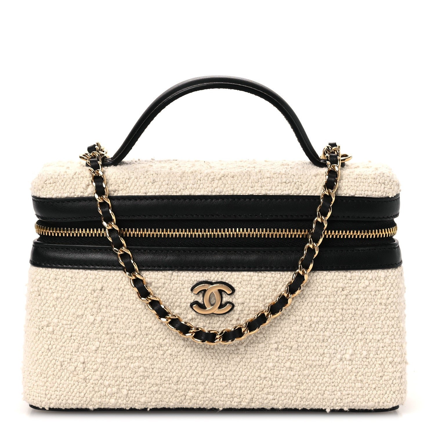 Chanel Boucle Calfskin Top Handle Slim Vanity Case With Chain Ecru Black