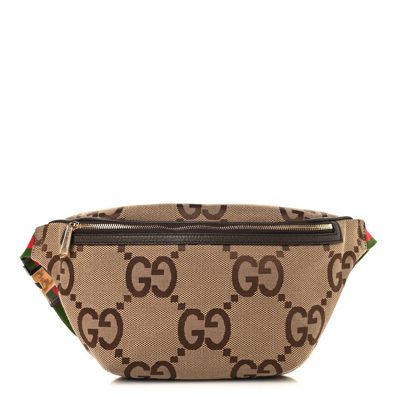 Gucci Monogram Jumbo GG Textured Dollar Calfskin Web Belt Bag Camel Ebony New Acero