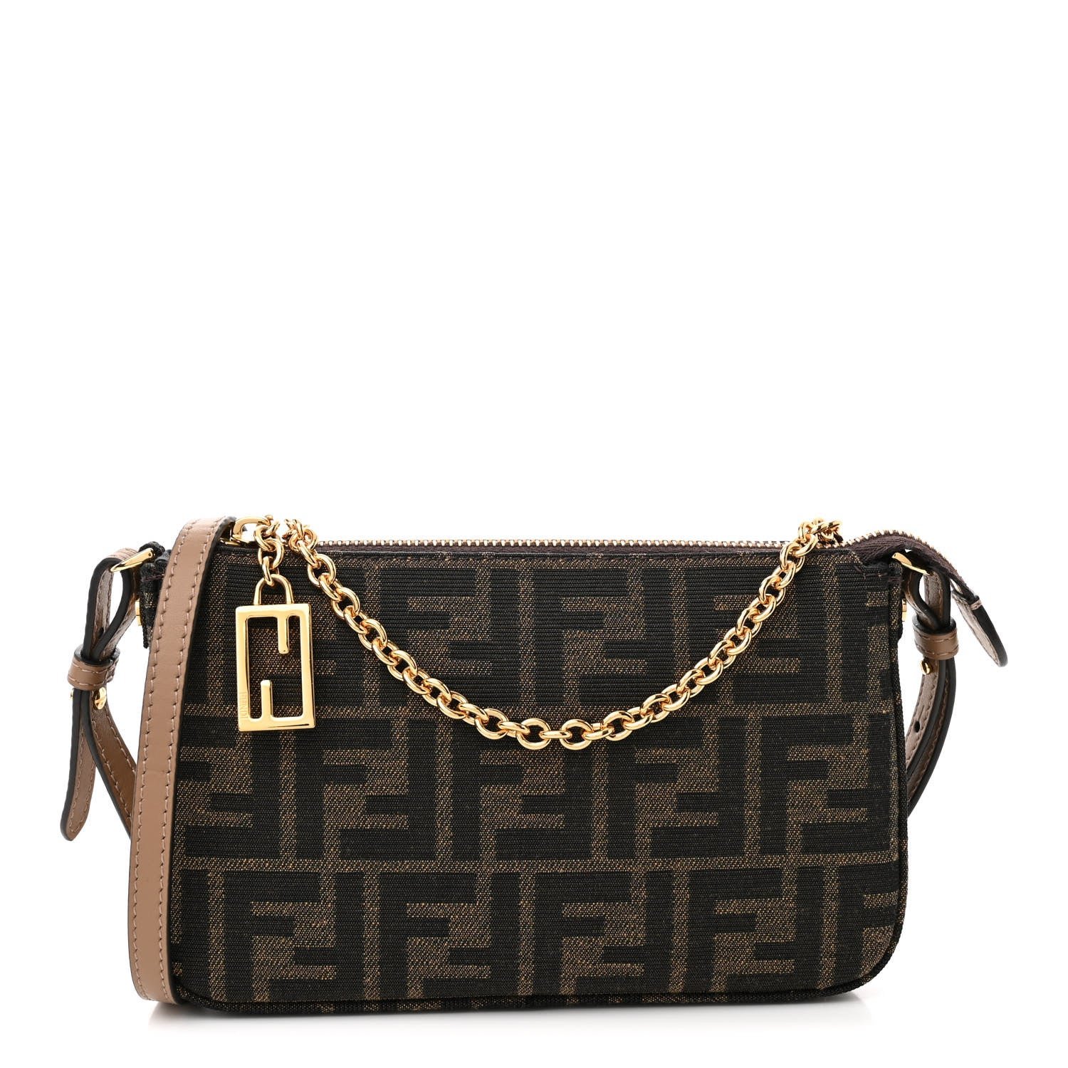 Fendi Fabric Jacquard Vitello Grace FF 1974 Baguette Pouch Tobacco Moro Sand