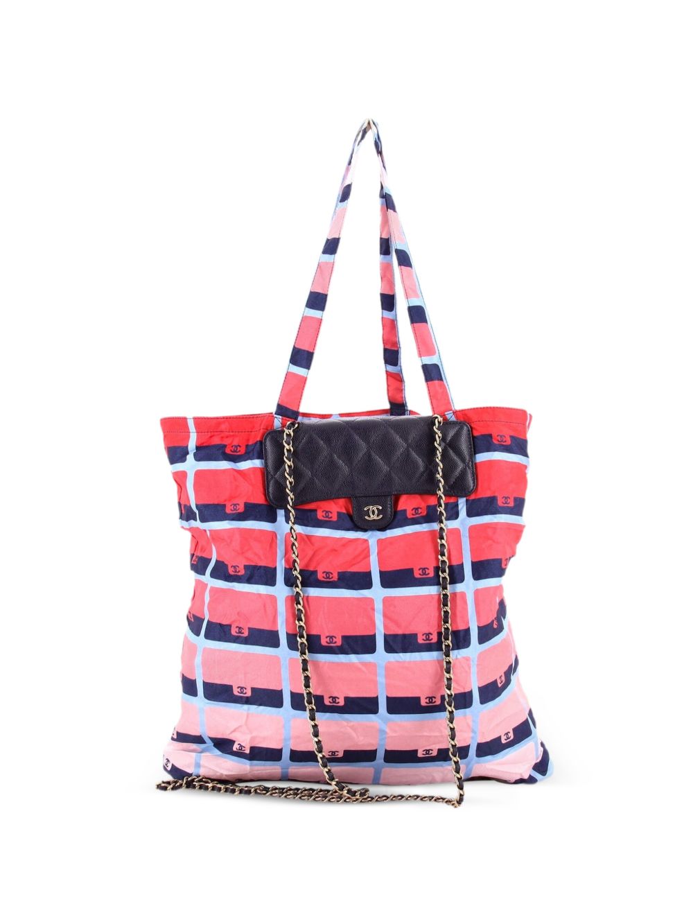 Foldable with Chain Quilted Caviar with Printed Nylon tote bag