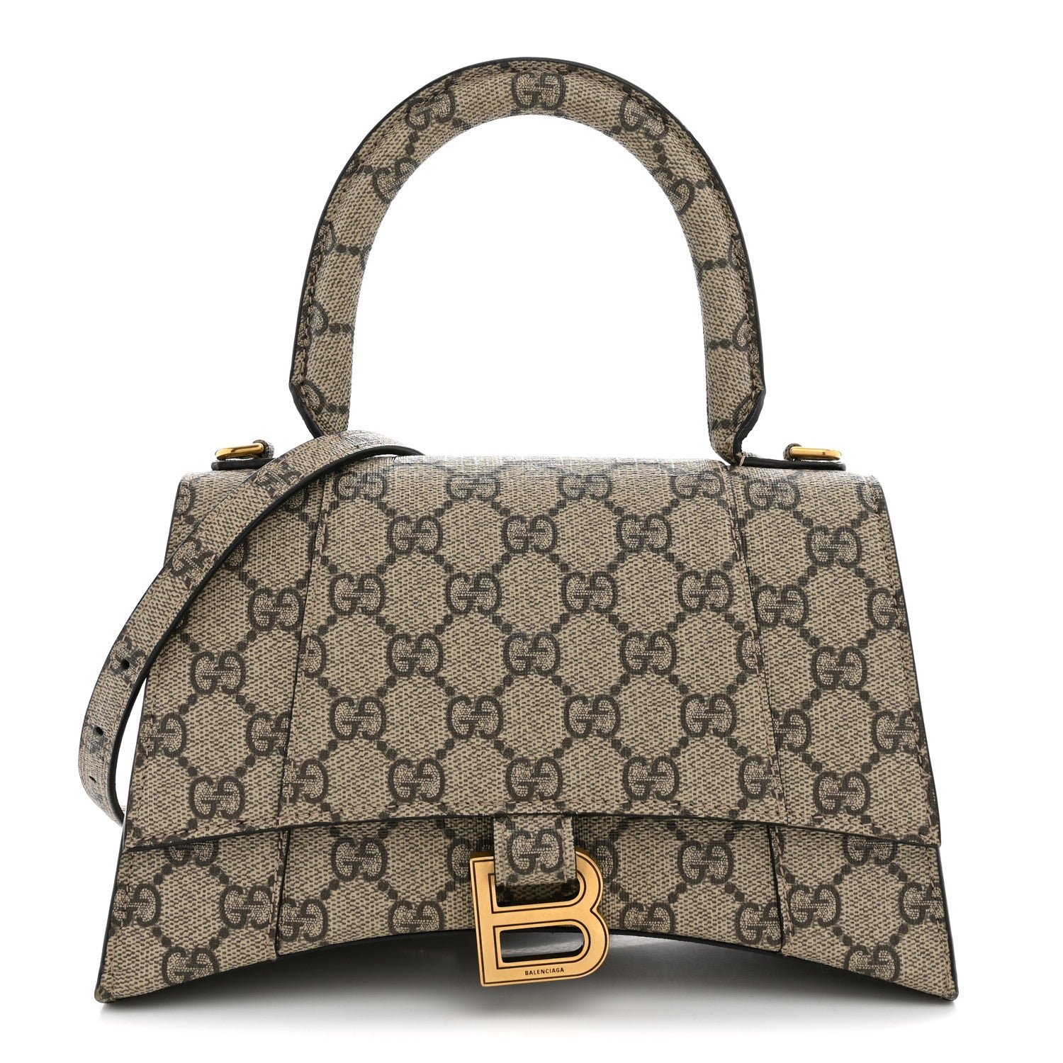 Balenciaga X GUCCI GG Supreme Monogram Small Hourglass Top Handle Bag Beige Ebony