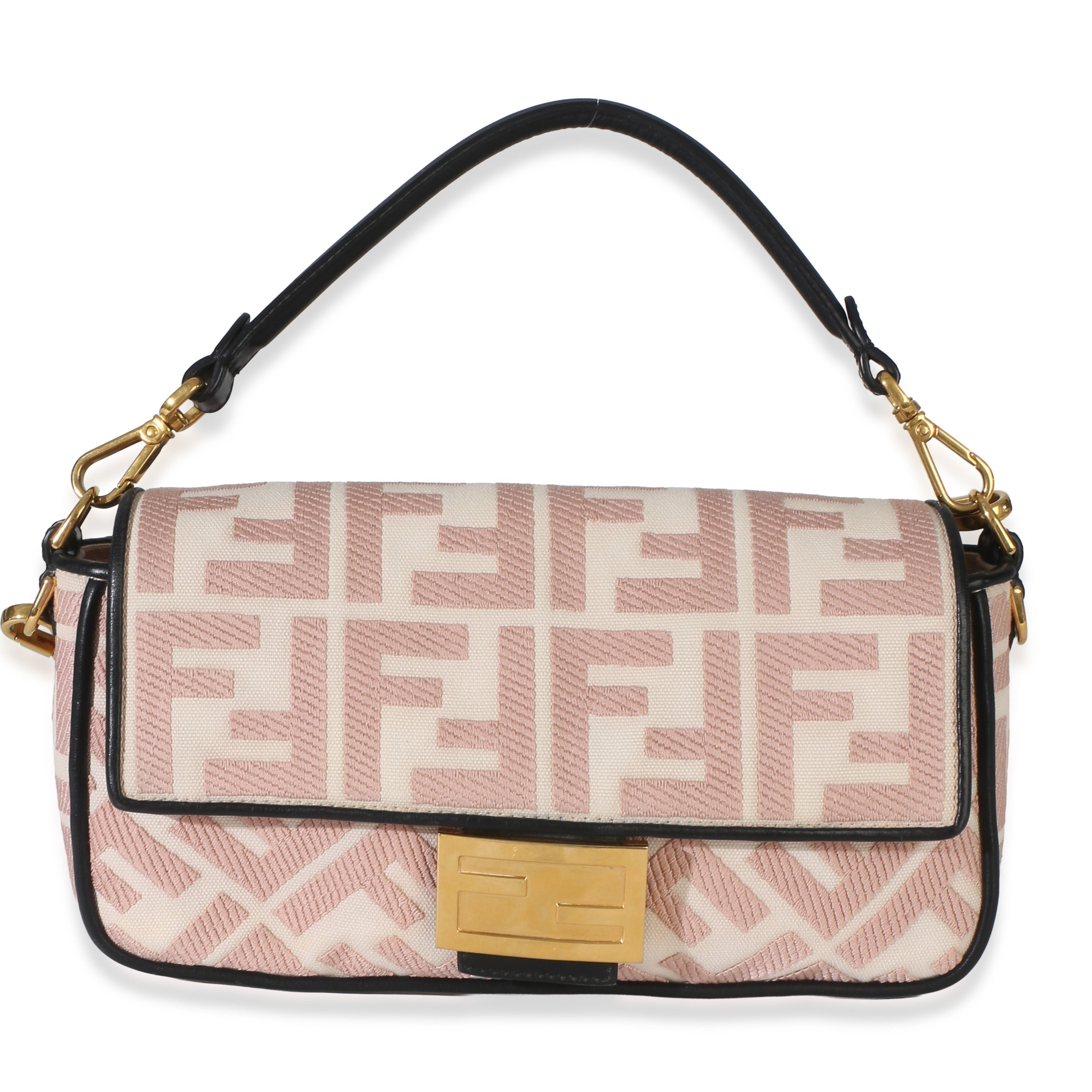 Fendi Pink Black FF Embroidery Canvas Medium Baguette Bag