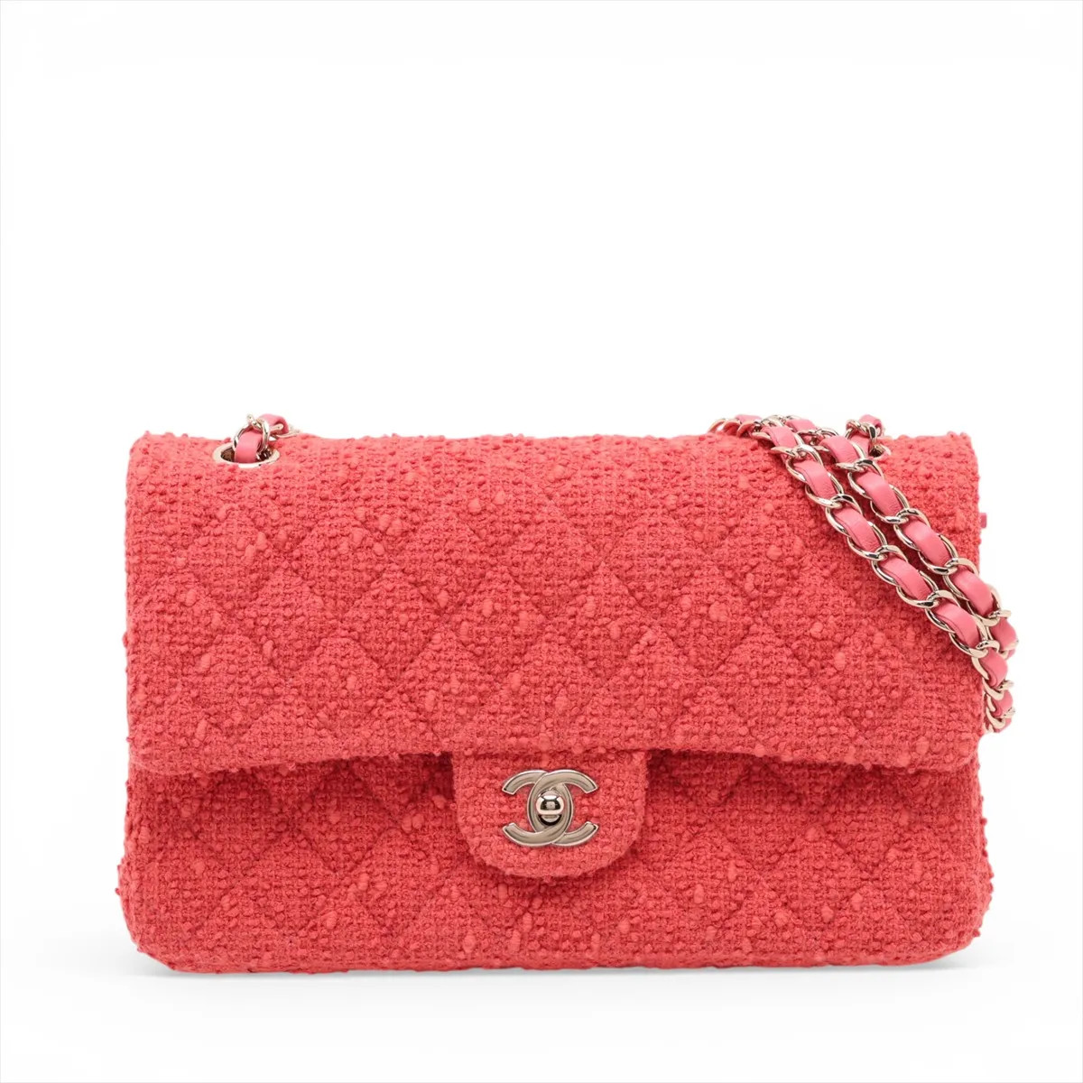 Chanel Matelasse 25 Tweed Double Flap Double Chain Bag Red Gold Metal Fittings r