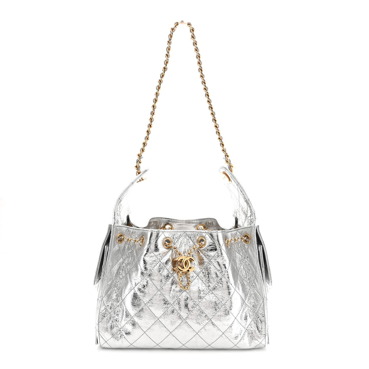 Chanel Metallic Crumpled Calfskin Quilted Small Chanel 25 Handbag Silvery