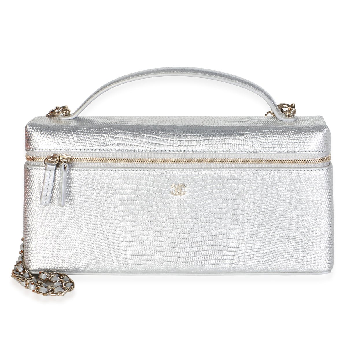 Silver Lizard Embossed Calfskin Top Handle Slim Vanity With Chain