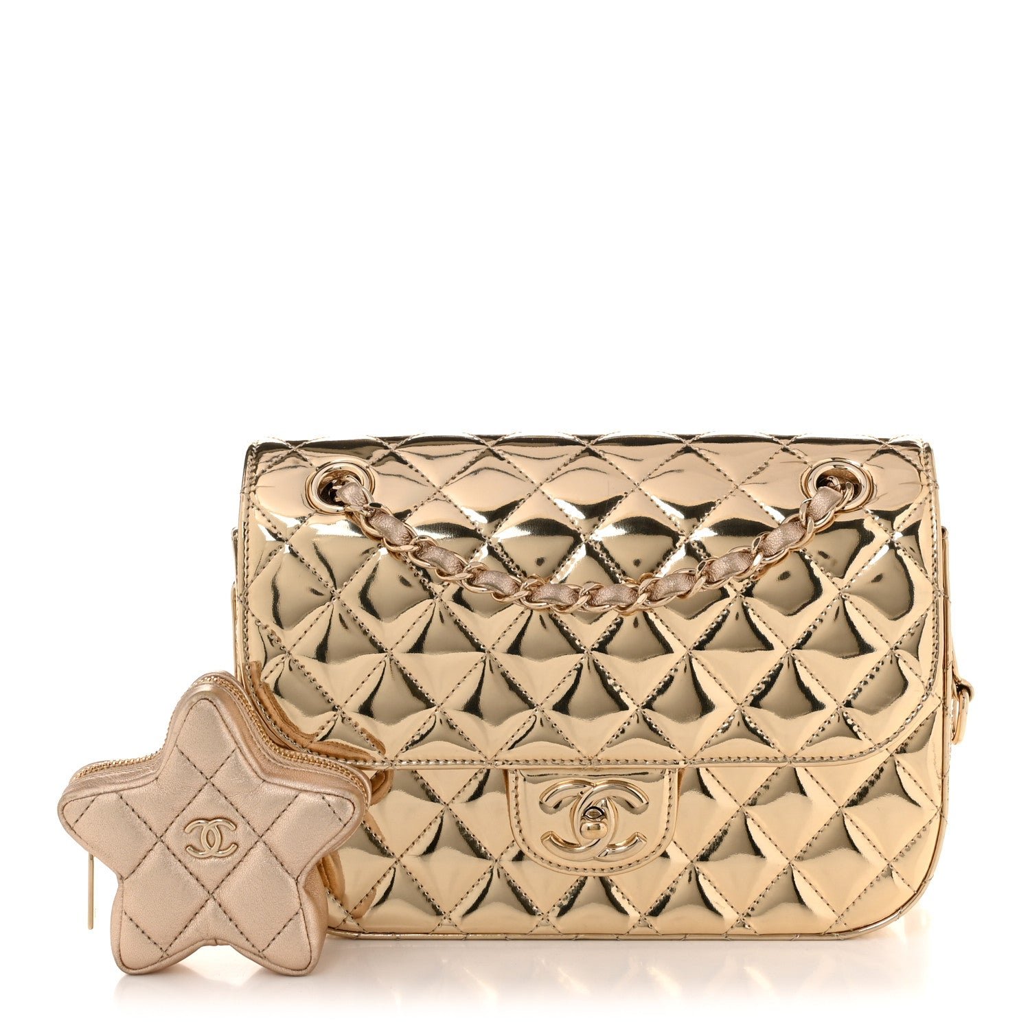 Chanel Mirror Calfskin Metallic Calfskin Medium Hollywood Boulevard Flap With Star Coin Purse Light Gold