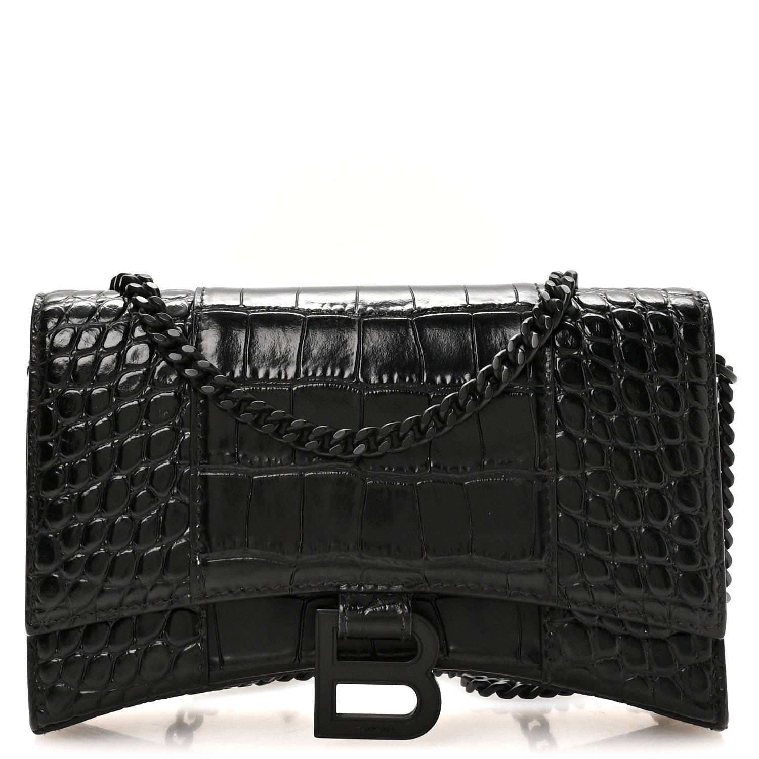 Balenciaga Shiny Calfskin Monochrome Crocodile Embossed Hourglass Chain Bag Black