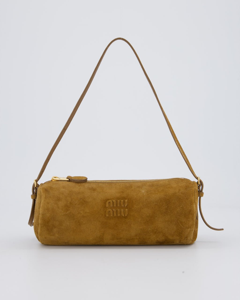 Miu Miu Miu Miu Beige Suede Barrel Bag with Gold Hardware