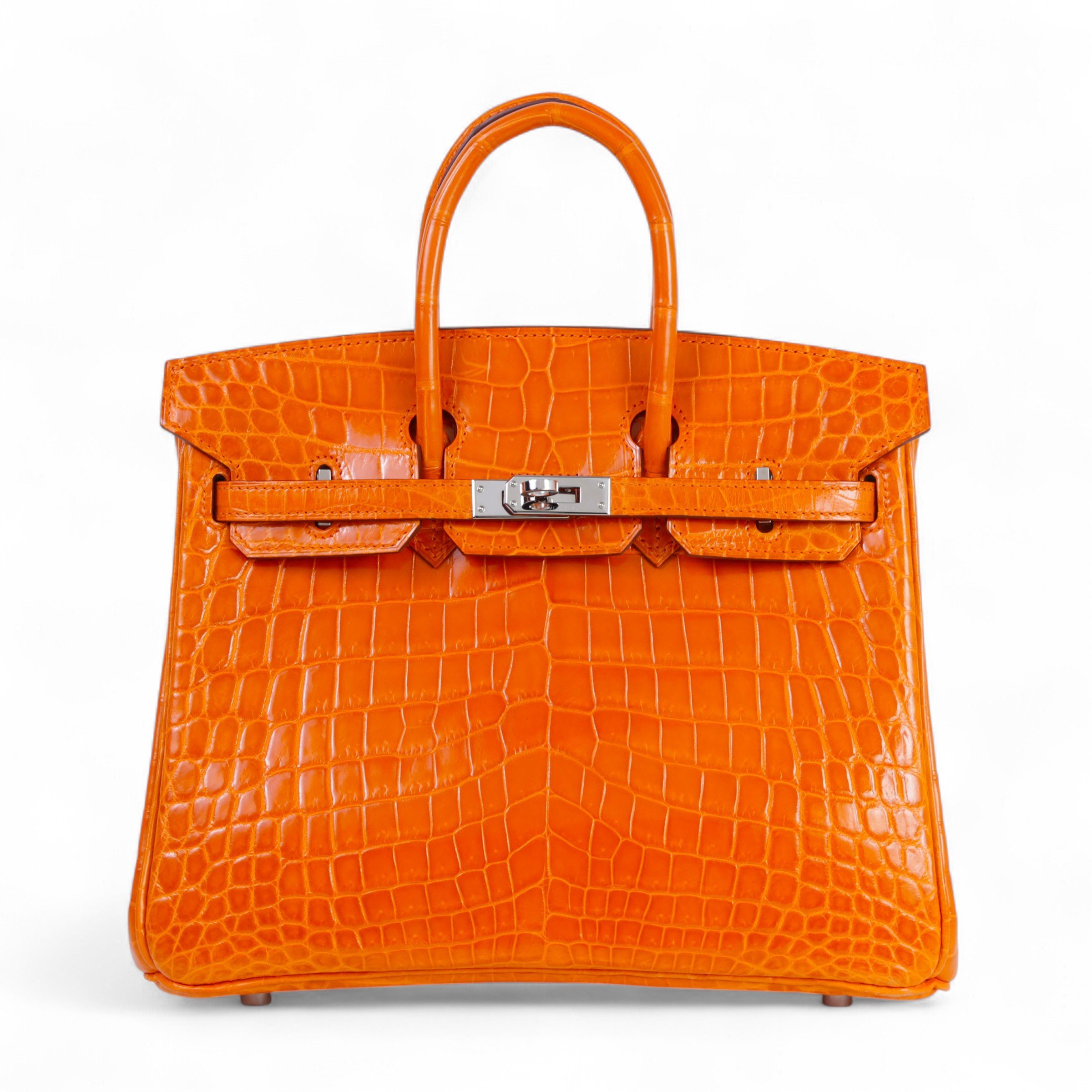 Hermes Excellent ( Rank SA ) HERMÈS Birkin 25 Orange (93) Shiny Niloticus Crocodile Palladium hardware Square R (2014)