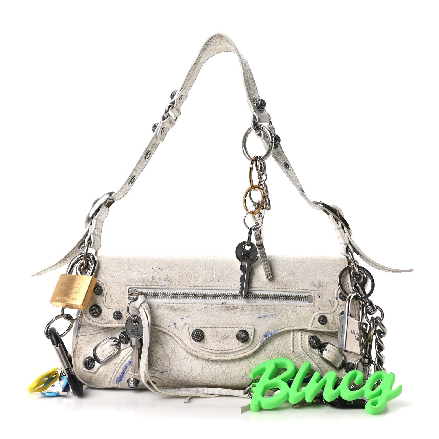 Balenciaga Agneau Arena Charms Small Le Cagole Sling Bag Optic White