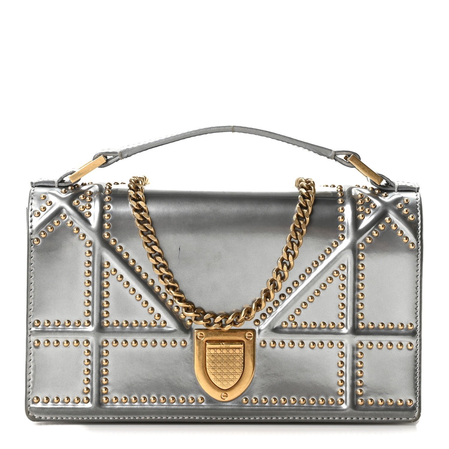 Christian Dior Metallic Patent Studded Diorama Top Handle Wallet on Chain Pouch Silver