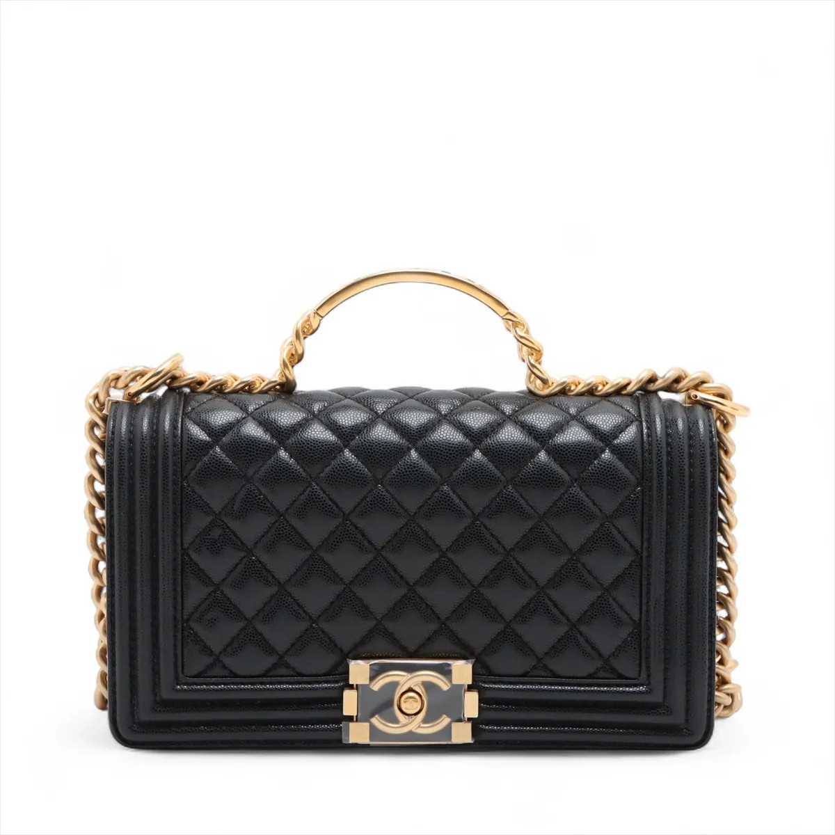 Chanel BOY CHANEL 25 Caviar Skin 2 Way Shoulder Bag Black Gold Metal Fittings ra