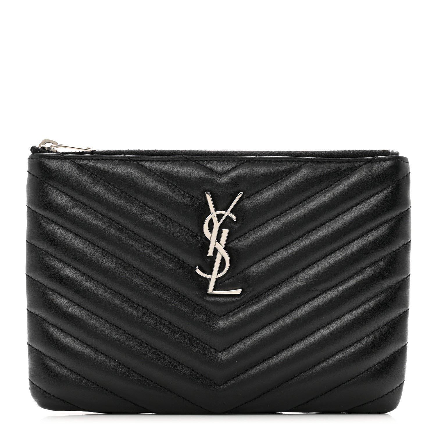 Saint Laurent Calfskin Matelasse Chevron Monogram Pouch Black