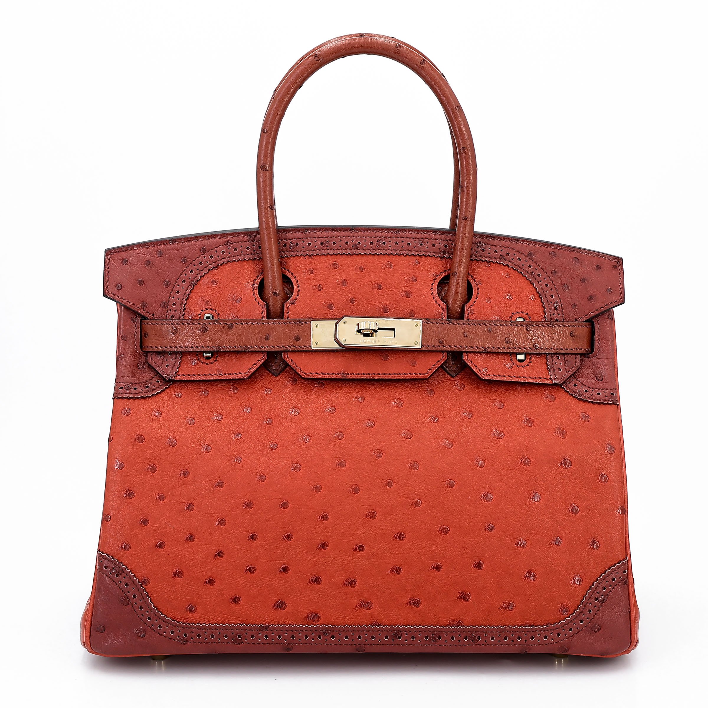 Hermes Very Good ( Rank A) HERMÈS Birkin Ghillies 30 Brique (36) Rouge H (55) Marron Fonce (45) Ostrich Permabrass hardware Square R (2014)