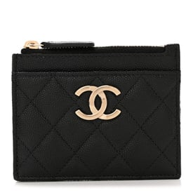 Chanel Caviar Quilted Striated Zip Card Holder Wallet Black