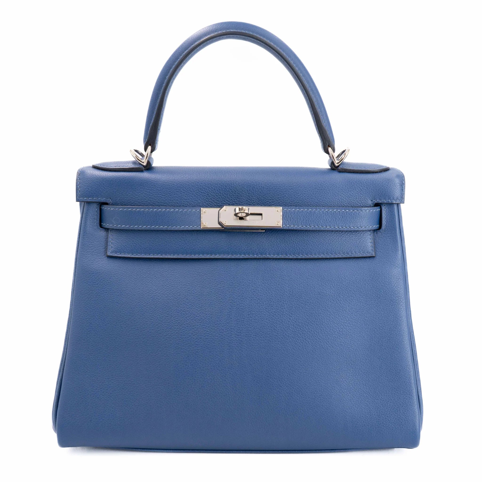 Very Good ( Rank A) HERMÈS Kelly 28 Verso Bleu Brighton (7E) Capucine (9T) Evercolor Palladium hardware D (2019)