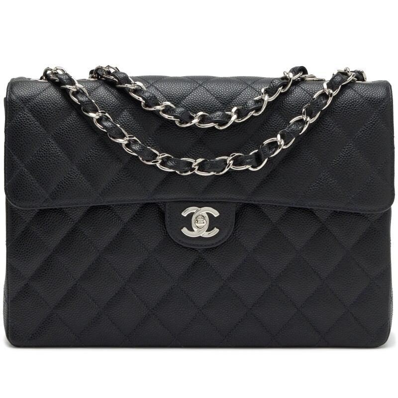 Chanel Black Quilted Caviar Square Classic Jumbo Flap Bag Silver Hardware, 2004-2005