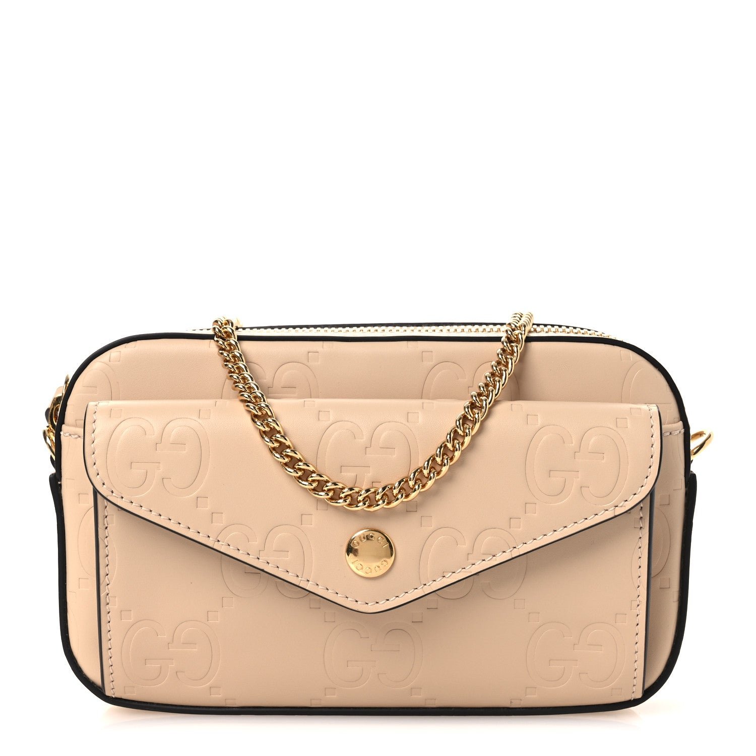 Gucci Calfskin GG Super Mini Debossed Chain Wallet Light Beige