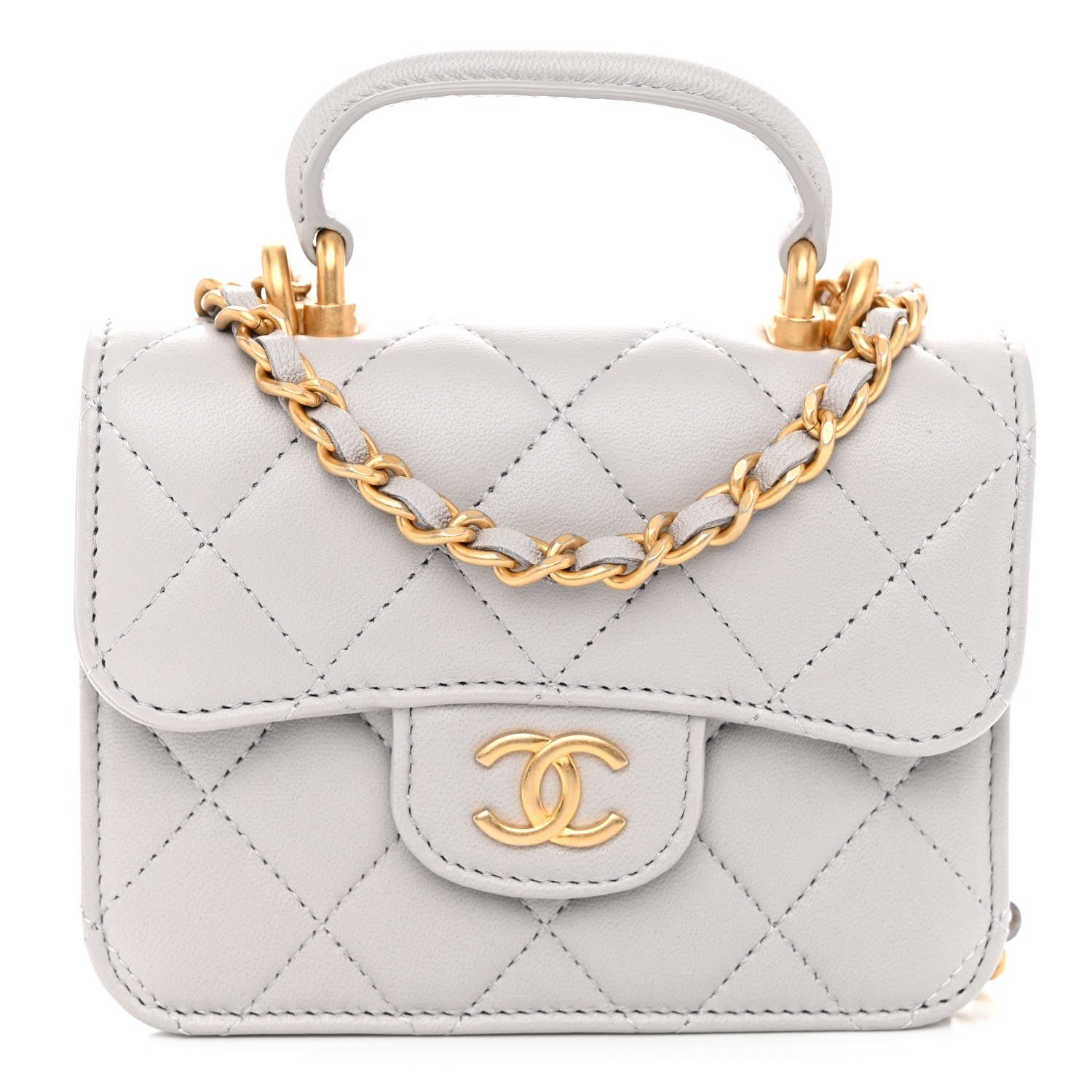 Chanel Lambskin Quilted Top Handle Flap Coin Purse With Chain Grey