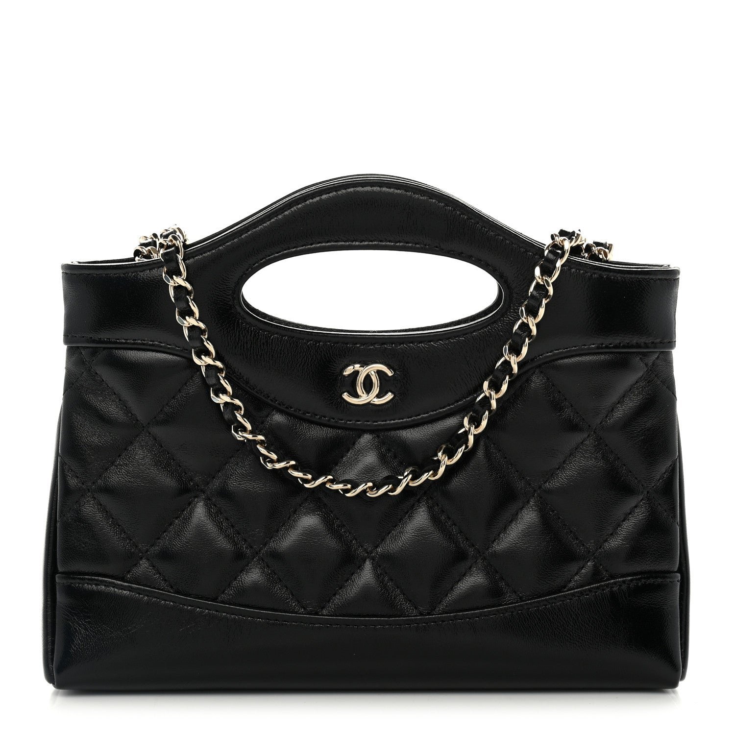 Chanel Shiny Crumpled Calfskin Quilted Nano 31 Shopping Bag Black
