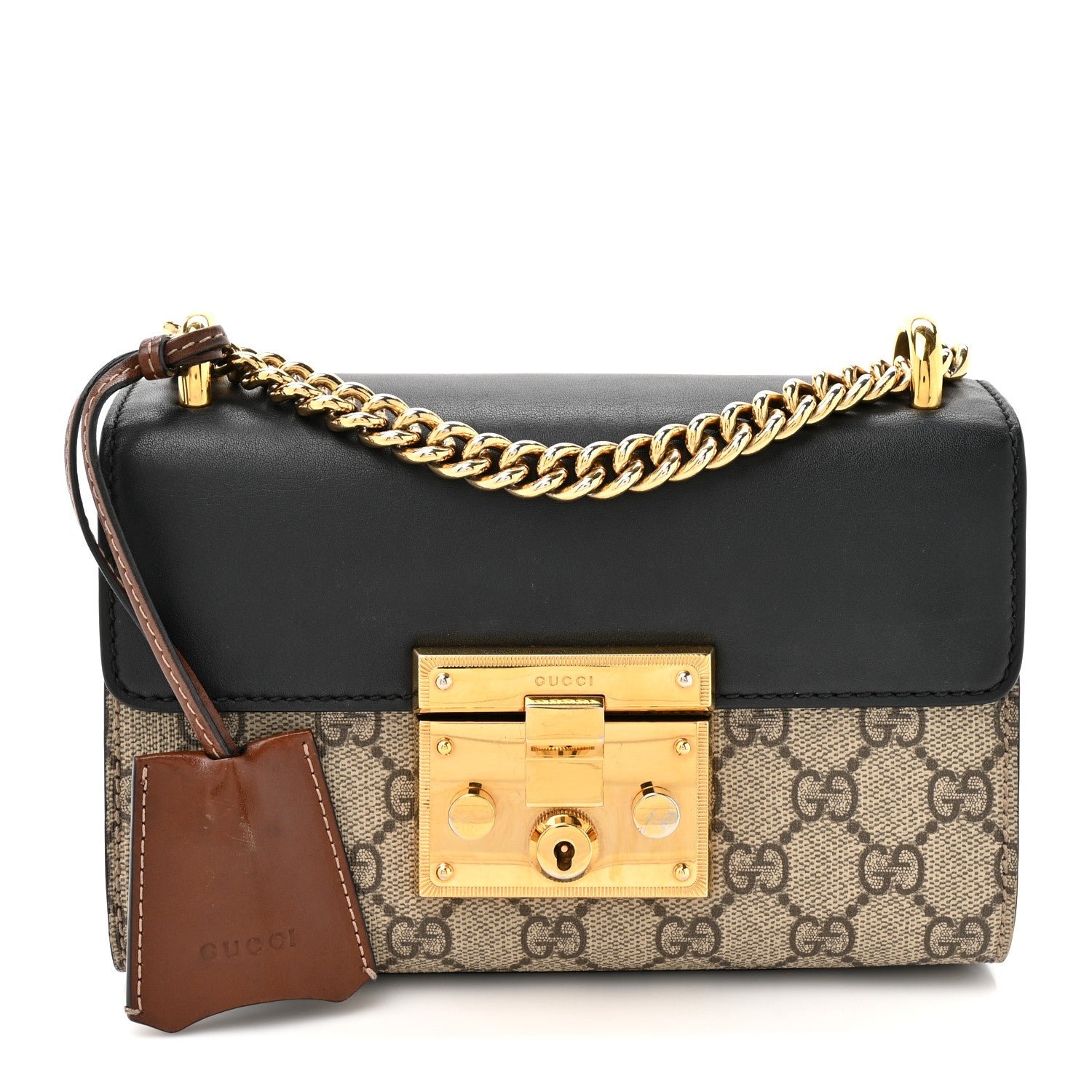 Gucci GG Supreme Monogram Calfskin Small Padlock Shoulder Bag Beige Black Cuir