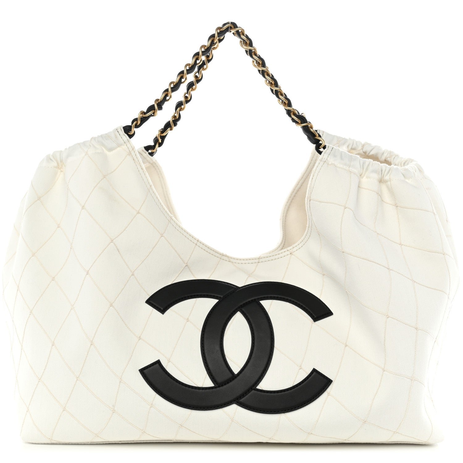 Chanel Denim Calfskin Quilted Coco Beach Small Shopping Tote White Black