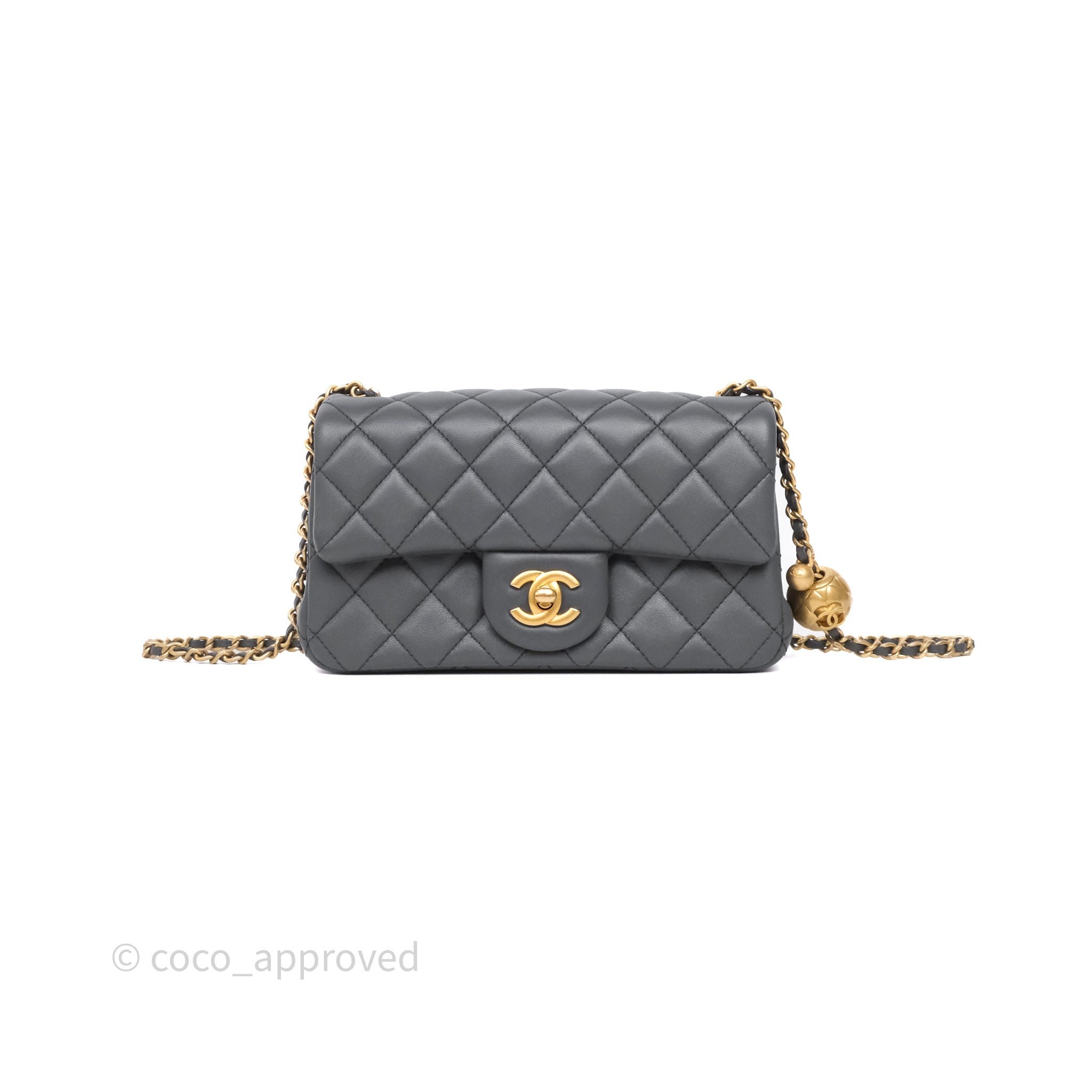 Chanel Mini Rectangular Pearl Crush Quilted Dark Grey Lambskin Aged Gold Hardware