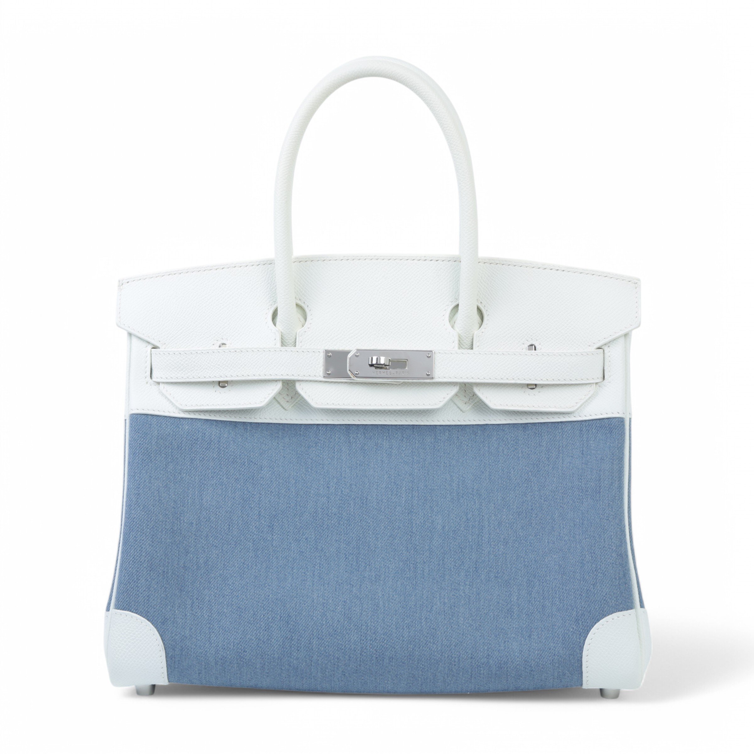 Hermes Very Good ( Rank A) HERMÈS Birkin 30 White (01) Epsom Toile Jean canvas Palladium hardware Square M (2009)