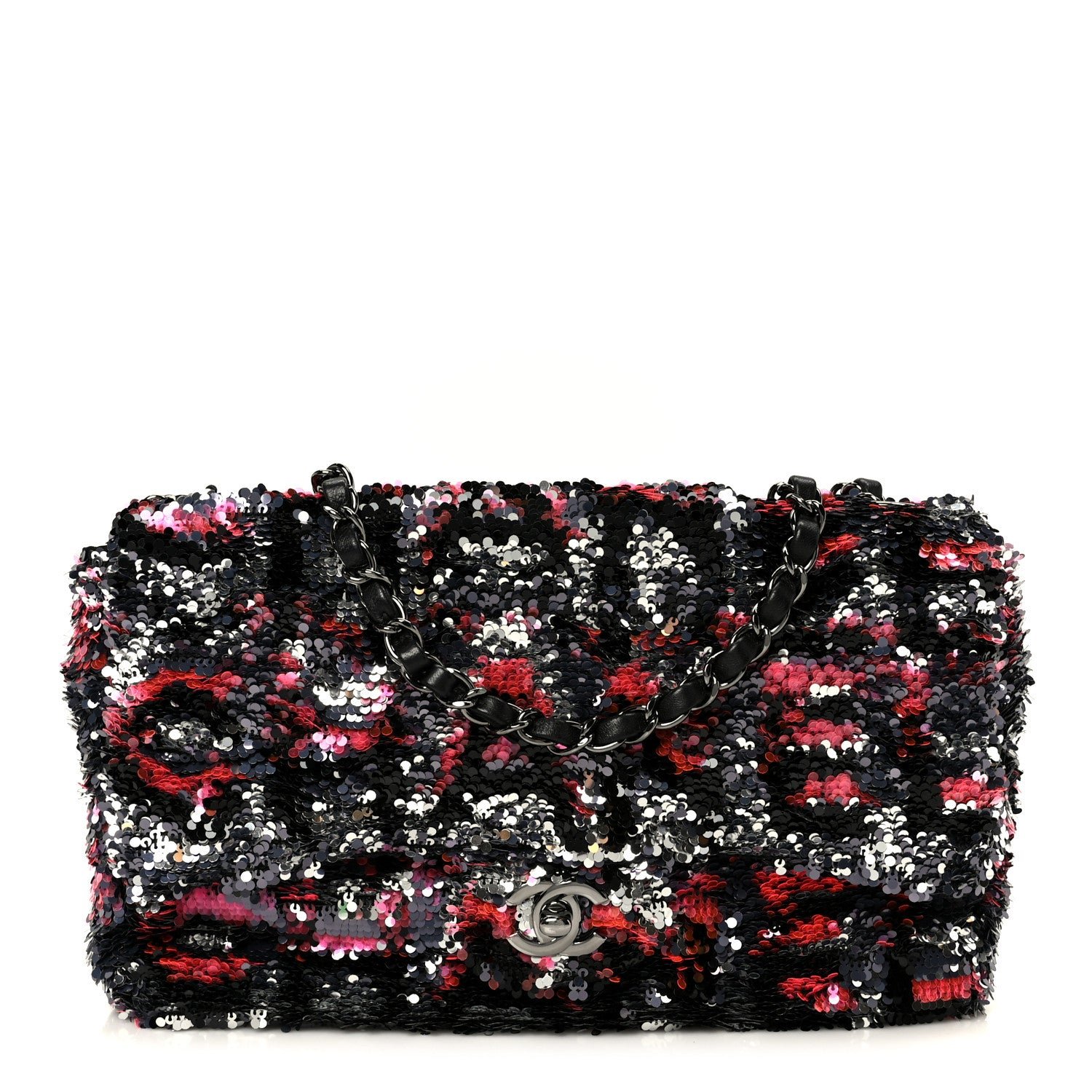 Chanel Sequin Logo Single Flap Pink Silver Black