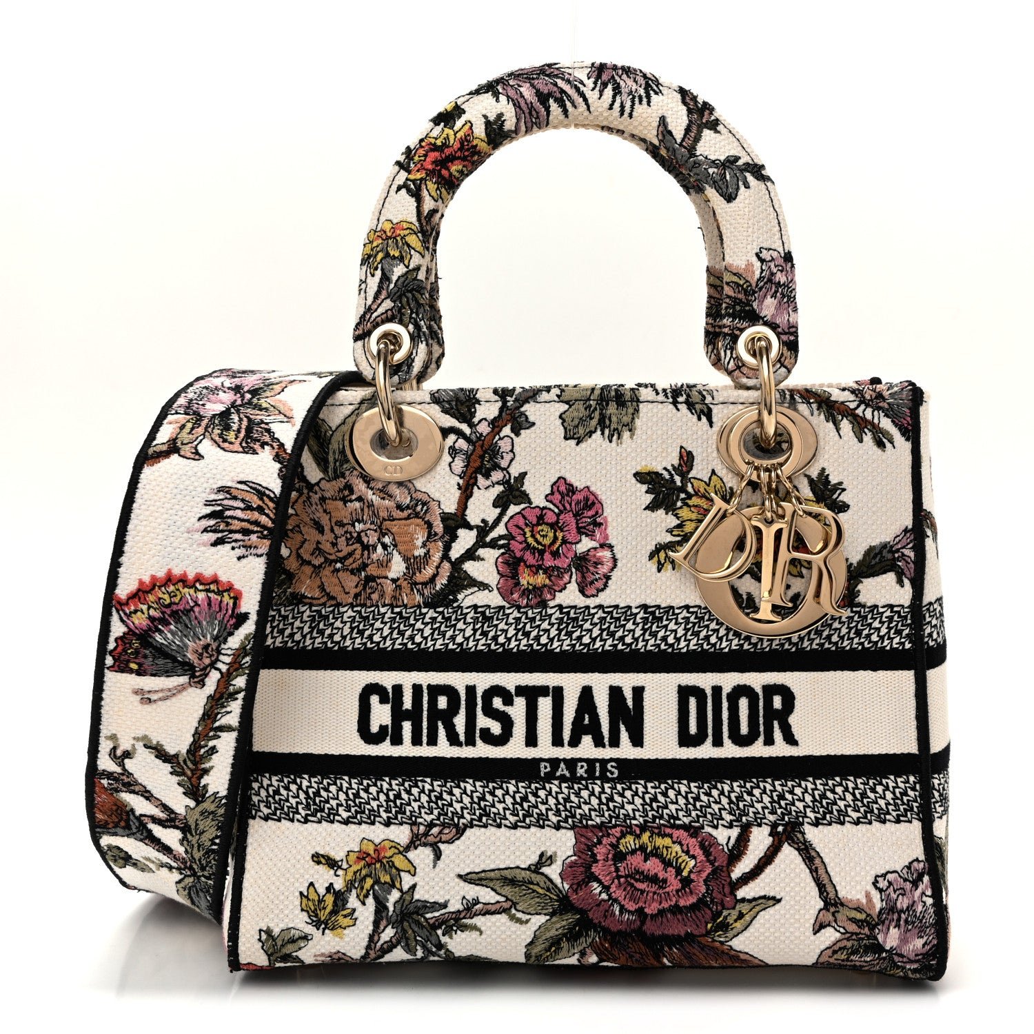 Christian Dior Canvas Embroidered Jardin Botanique Medium Lady D-Lite White Multicolor