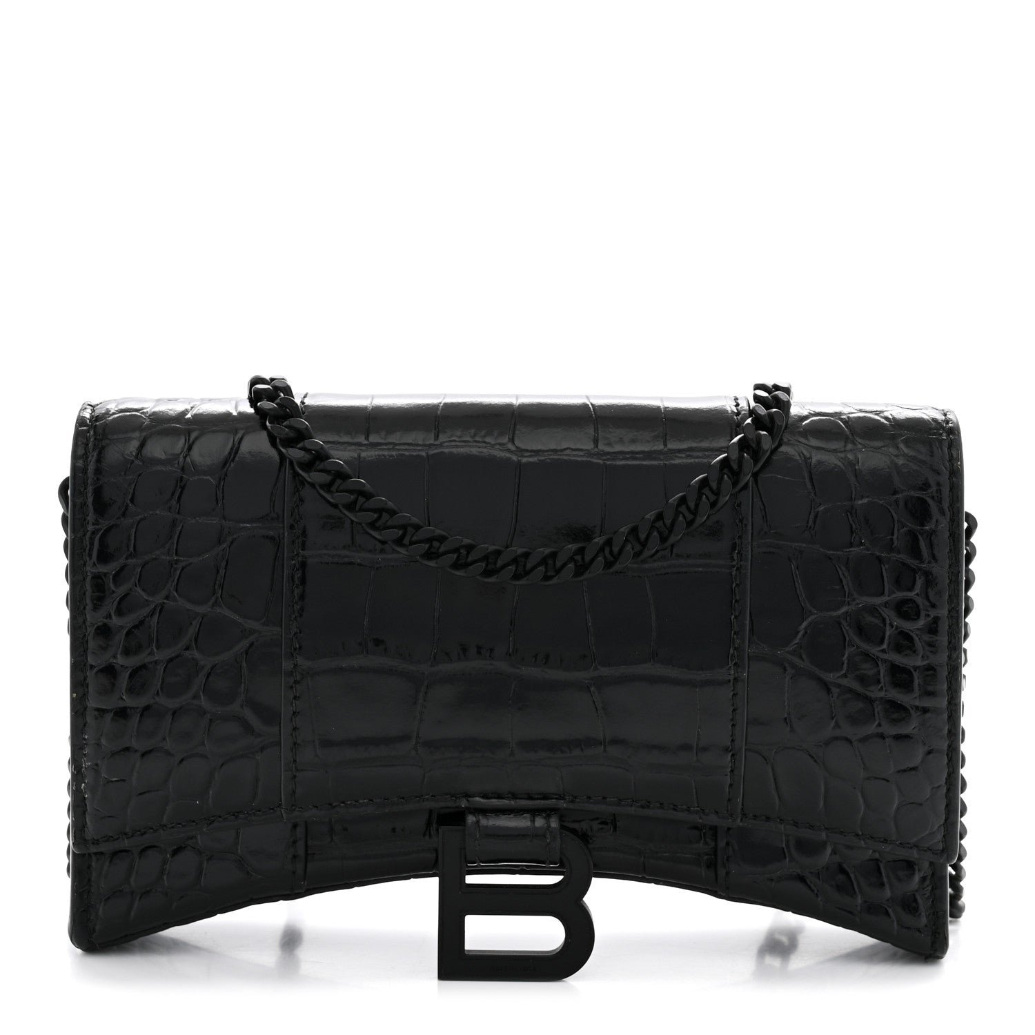 Balenciaga Shiny Calfskin Monochrome Crocodile Embossed Hourglass Chain Bag Black