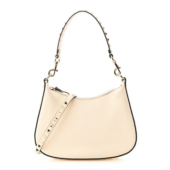 Valentino Garavani Grainy Calfskin Small Rockstud Hobo Ivory
